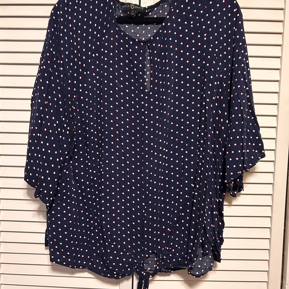 Fred David Navy Polka Dot Tie-Hem Blouse